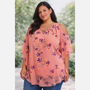 Attention Plus Women’s 3X Peach Floral Cold Shoulder 2-Piece Top Tank Blouse #F